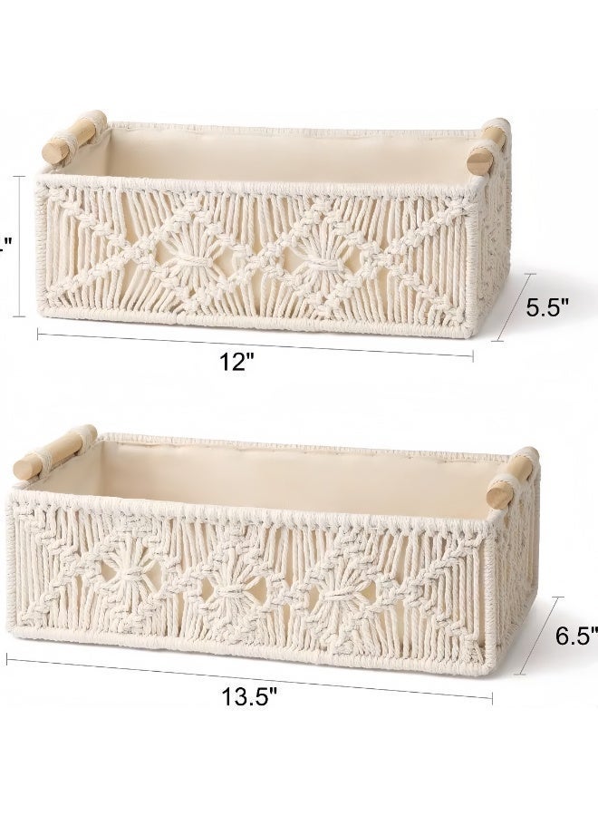 طقم من 2 سلال تخزين معقودة يدويًا بمقابض خشبية - للحمام والمنضدة والديكور المنزلي (كبير وصغير) - Image 2